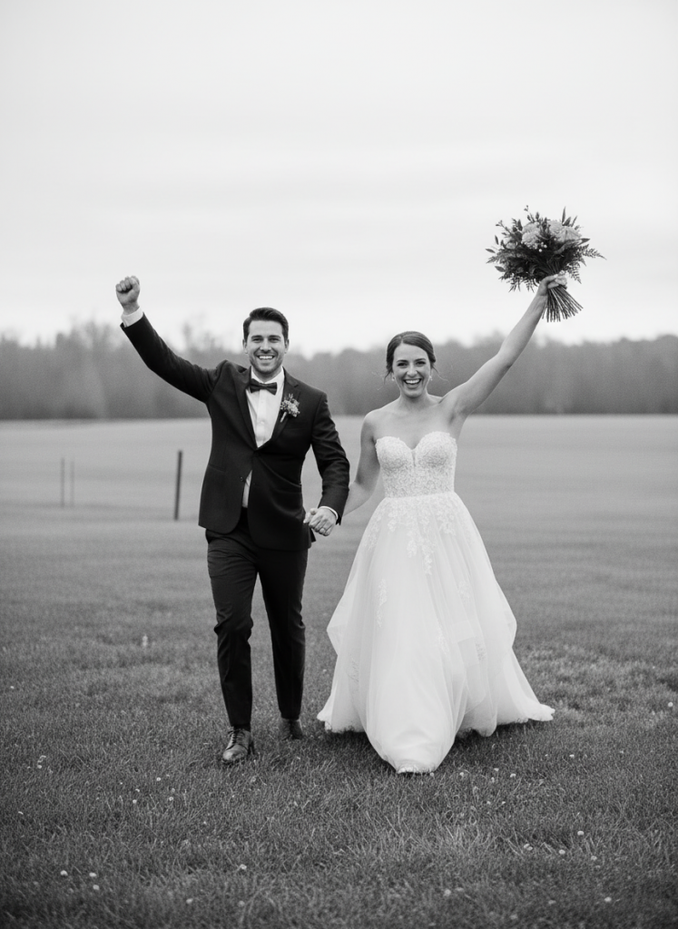 Hochzeitspaar jubelt nach dem Ja-Wort.